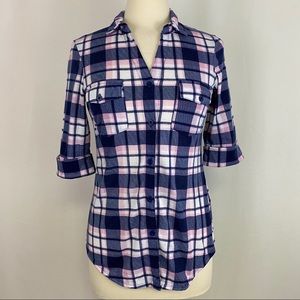 Paper+Tee Juniors Blue Pink Top Plaid Button Up